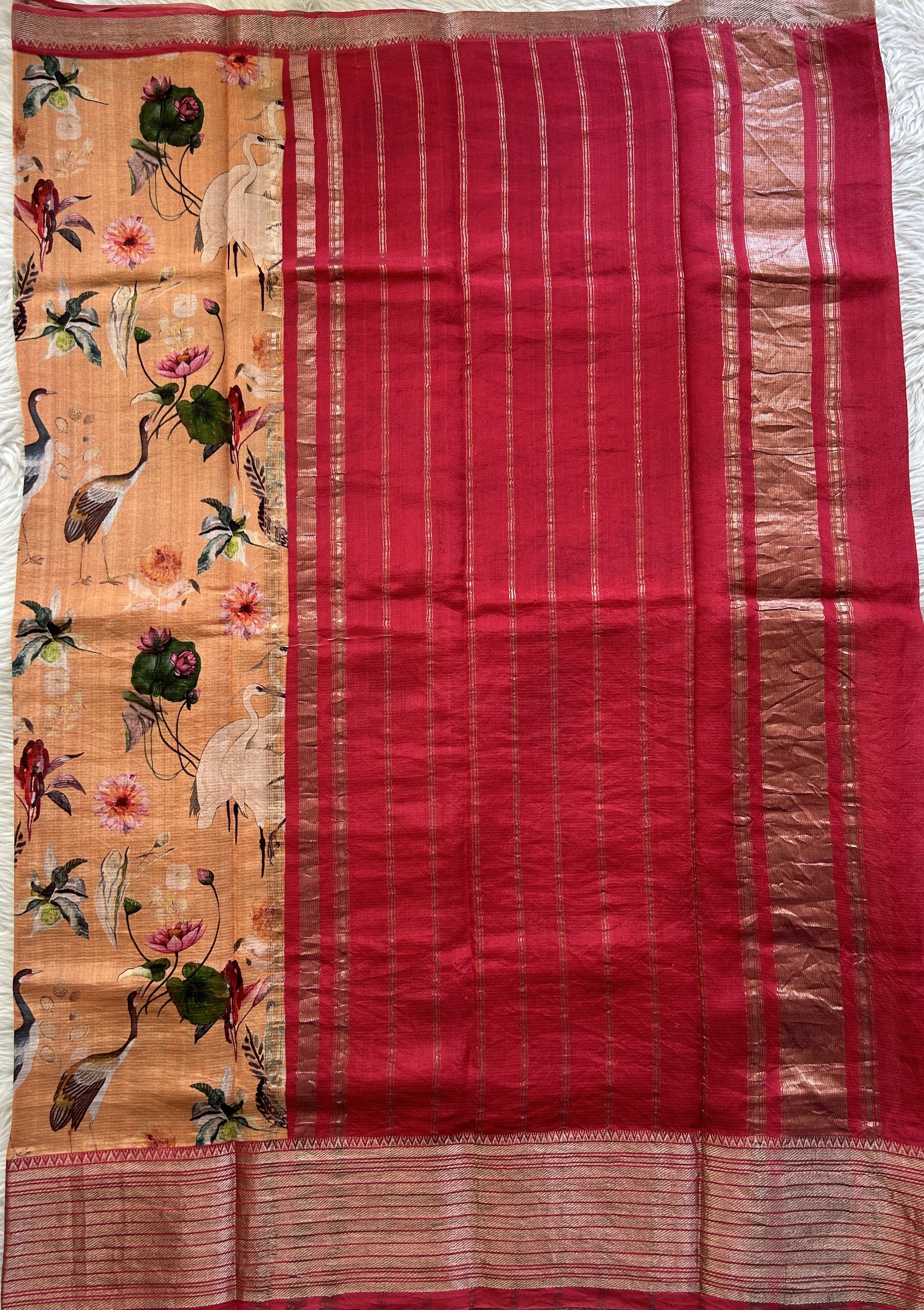Mangalagiri Pattu Digital Print Saree Orange colored complemented with a Pink Zari Border - Sampradaya Designer Studio