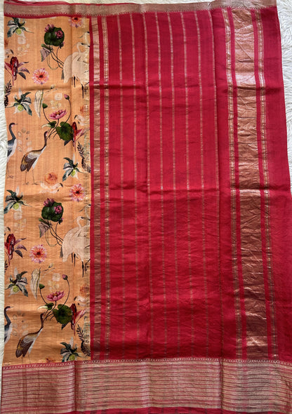 Mangalagiri Pattu Digital Print Saree Orange colored complemented with a Pink Zari Border - Sampradaya Designer Studio