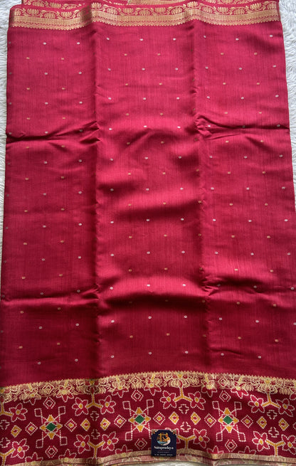 Pure Moonga Tussar Silk Saree Hot Pink Color Complemented with a Patolla Border. - Sampradaya Designer Studio