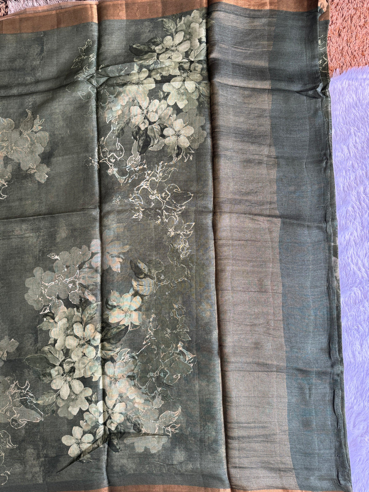 Pure Chiniya Silk Saree Olive Colored Elegantly Paired with a Gold Zari Border.