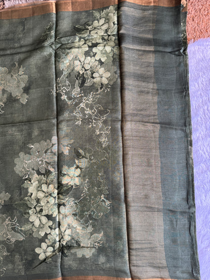 Pure Chiniya Silk Saree Olive Colored Elegantly Paired with a Gold Zari Border.