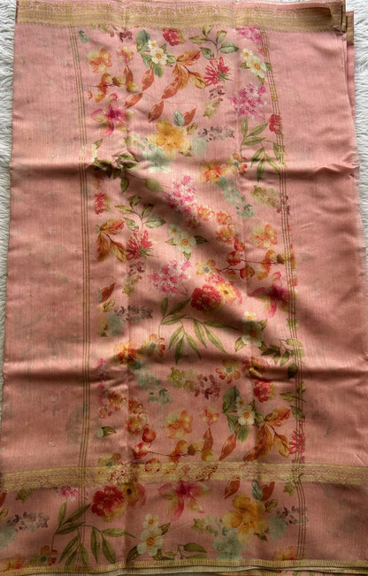 Pure Moonga Tussar Silk Saree Peach Color Complemented with a Digital Print Border. - Sampradaya Designer Studio