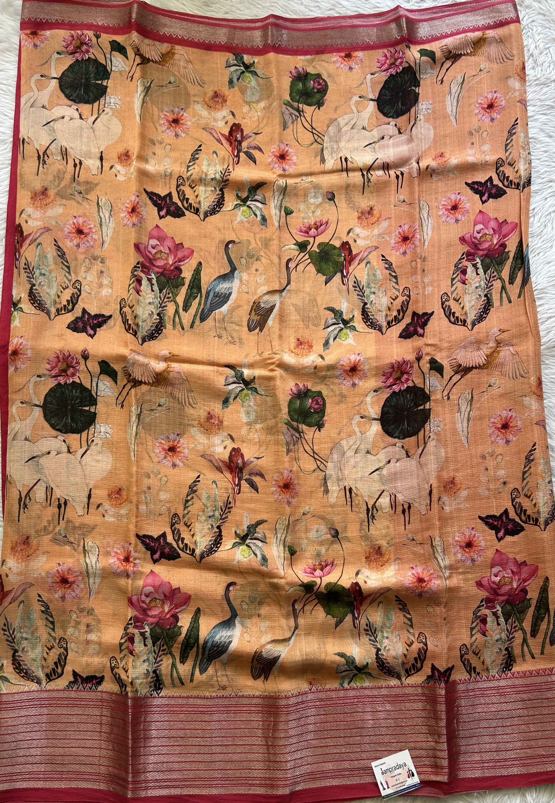 Mangalagiri Pattu Digital Print Saree Orange colored complemented with a Pink Zari Border - Sampradaya Designer Studio