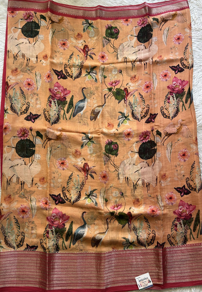 Mangalagiri Pattu Digital Print Saree Orange colored complemented with a Pink Zari Border - Sampradaya Designer Studio