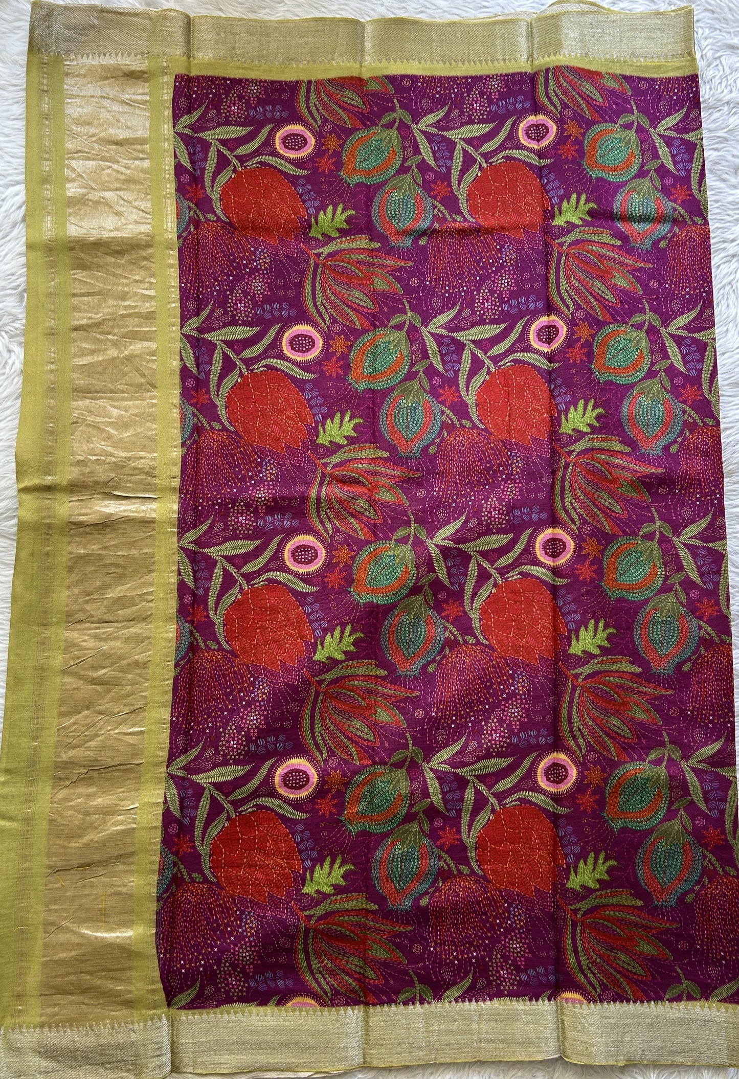 Mangalagiri Pattu Digital Print Saree Purple colored complemented with a Neon Green Zari Border - Sampradaya Designer Studio