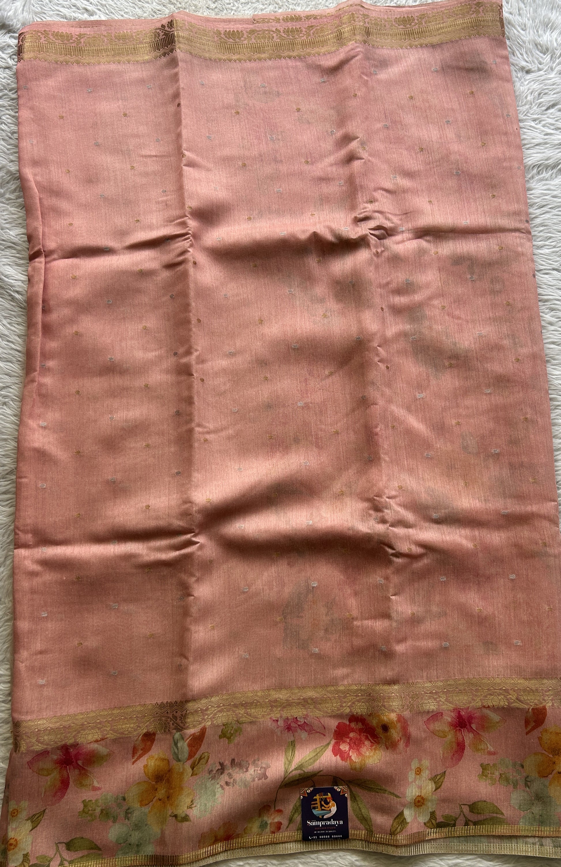 Pure Moonga Tussar Silk Saree Peach Color Complemented with a Digital Print Border. - Sampradaya Designer Studio