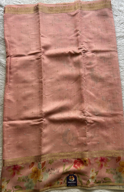 Pure Moonga Tussar Silk Saree Peach Color Complemented with a Digital Print Border. - Sampradaya Designer Studio
