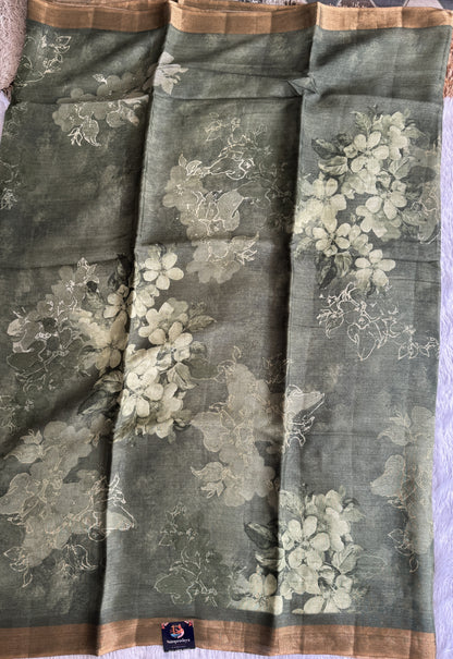 Pure Chiniya Silk Saree Olive Colored Elegantly Paired with a Gold Zari Border.