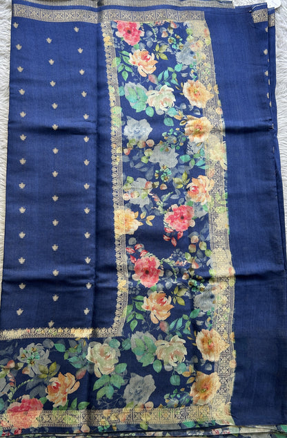 Pure Moonga Tussar Silk Saree Cobalt Blue Color Complemented with a Digital Print Border. - Sampradaya Designer Studio