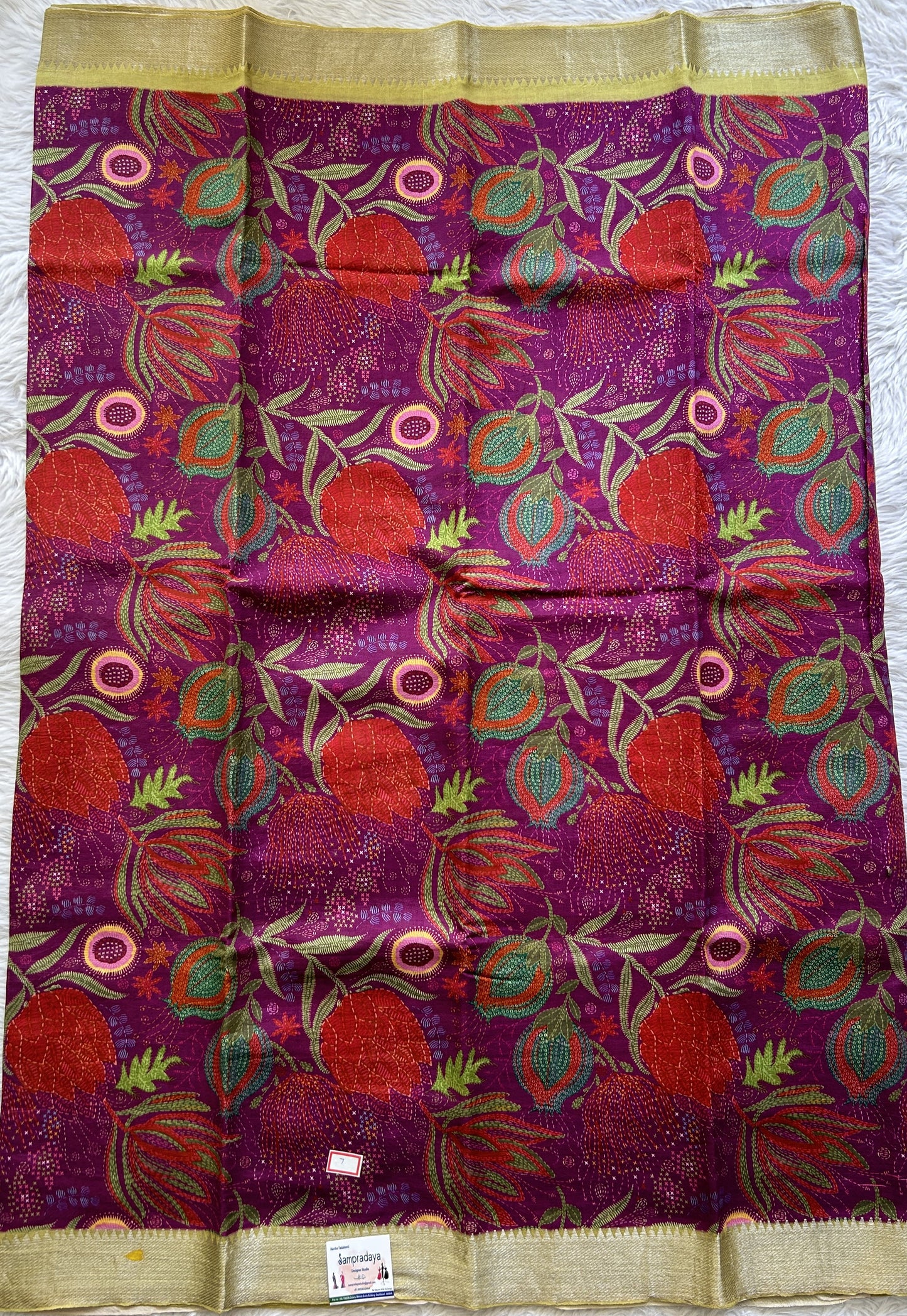 Mangalagiri Pattu Digital Print Saree Purple colored complemented with a Neon Green Zari Border - Sampradaya Designer Studio