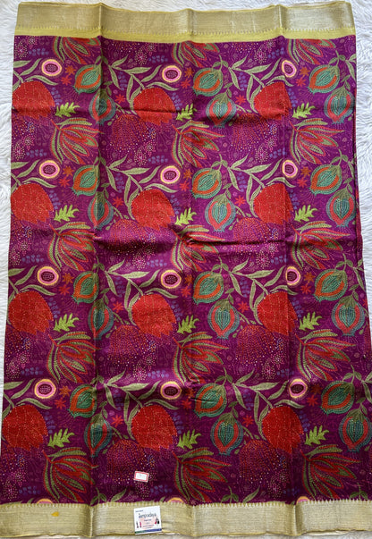 Mangalagiri Pattu Digital Print Saree Purple colored complemented with a Neon Green Zari Border - Sampradaya Designer Studio