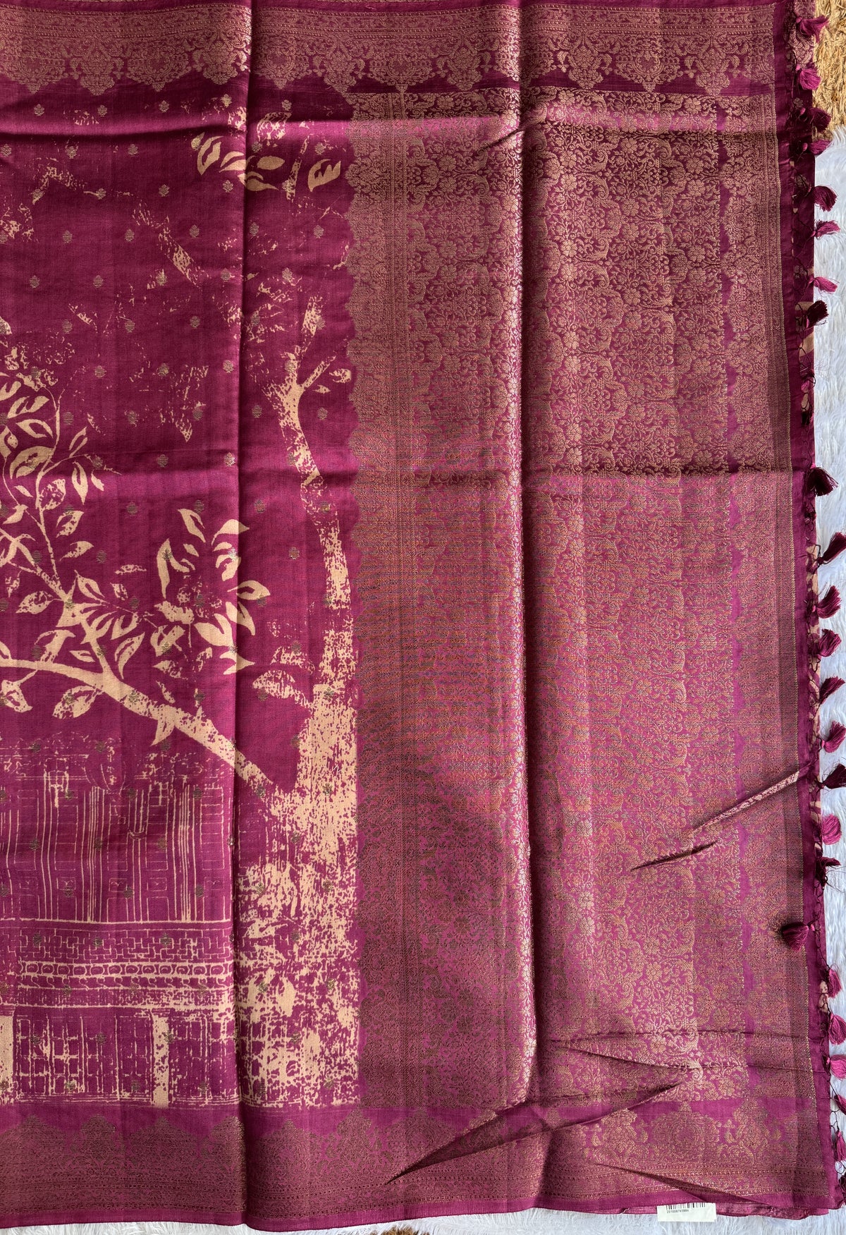 Pure Chiniya Silk Saree   Purple Colored Elegantly Paired with a Gold Zari Border.