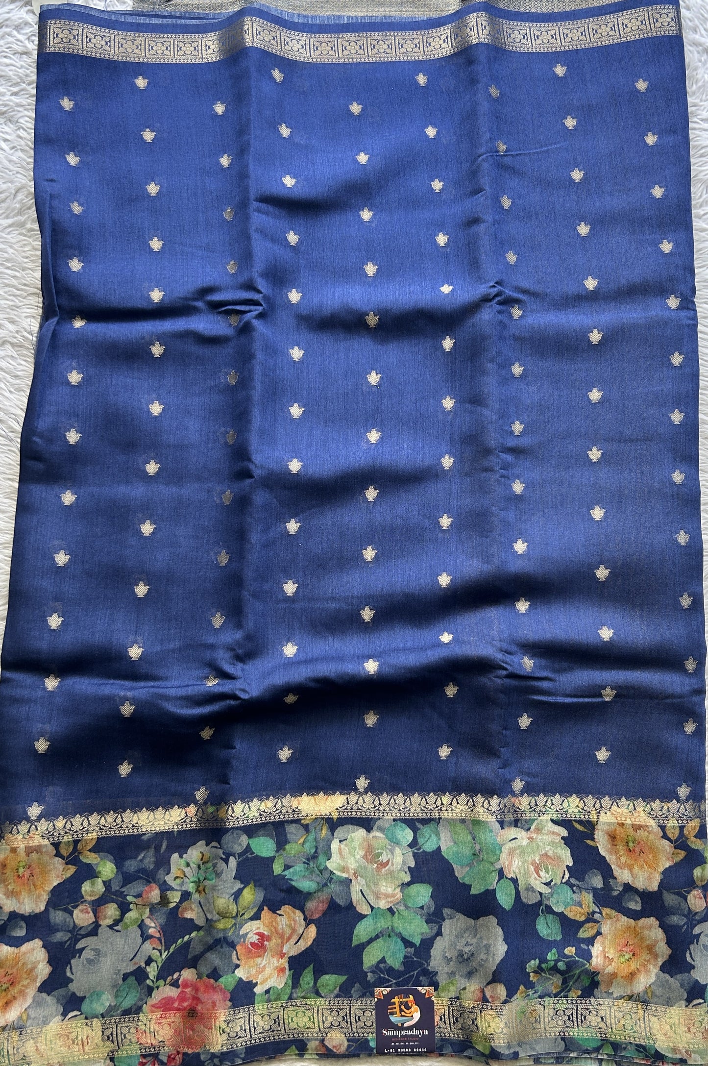 Pure Moonga Tussar Silk Saree Cobalt Blue Color Complemented with a Digital Print Border. - Sampradaya Designer Studio