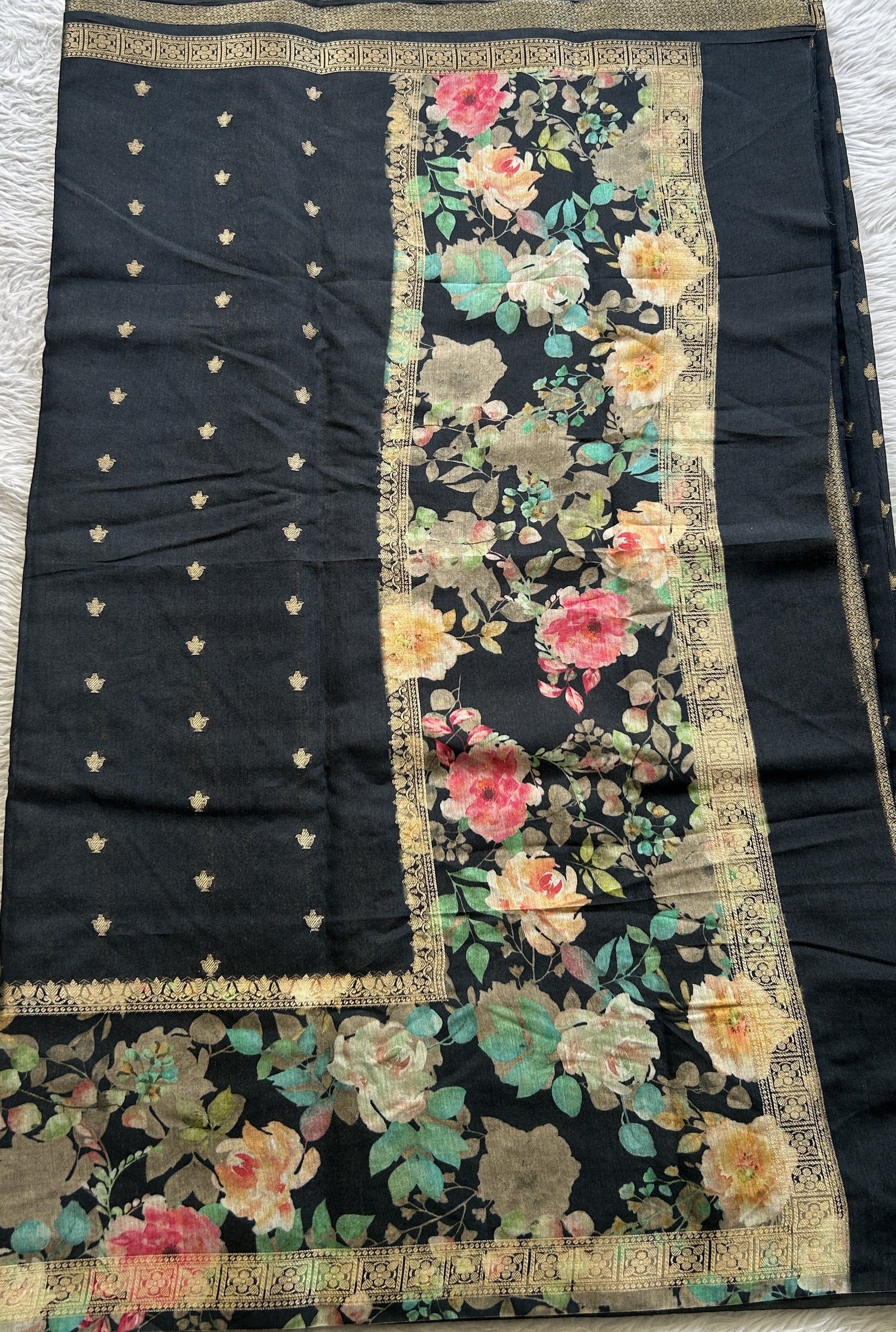 Pure Moonga Tussar Silk Saree Black Color Complemented with a Digital Print Border. - Sampradaya Designer Studio