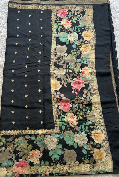 Pure Moonga Tussar Silk Saree Black Color Complemented with a Digital Print Border. - Sampradaya Designer Studio