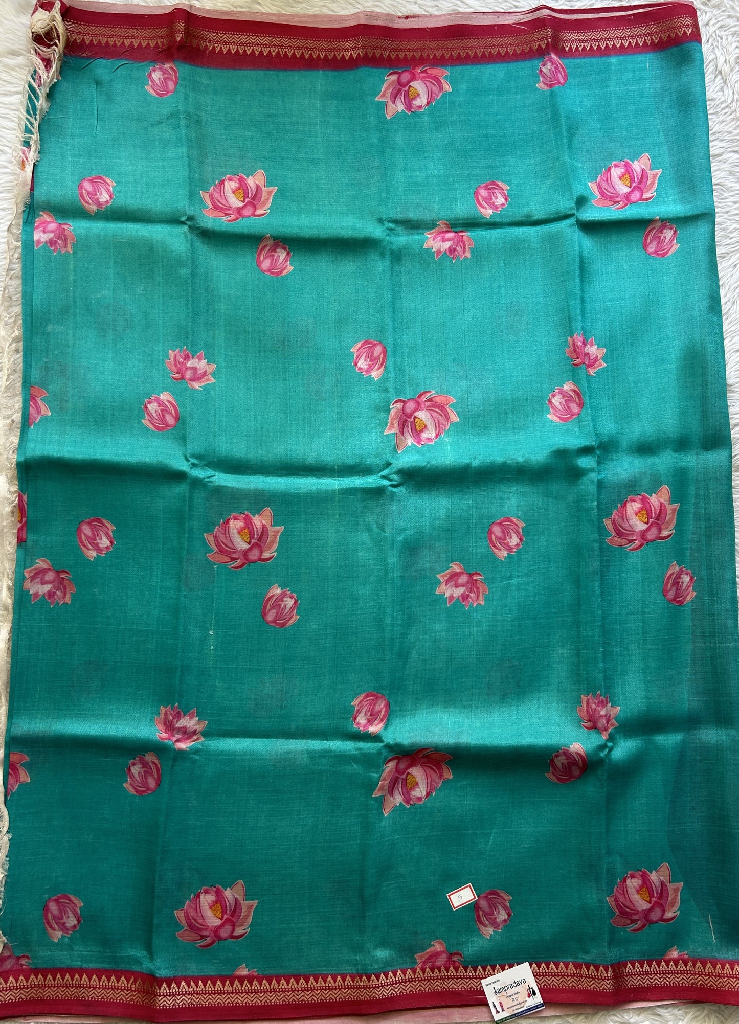 Mangalagiri Pattu Digital Print Saree Sea Blue colored complemented with a Pink Zari Border - Sampradaya Designer Studio