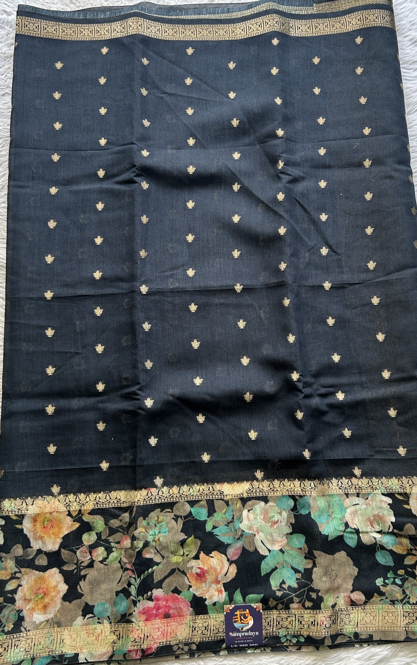 Pure Moonga Tussar Silk Saree Black Color Complemented with a Digital Print Border. - Sampradaya Designer Studio