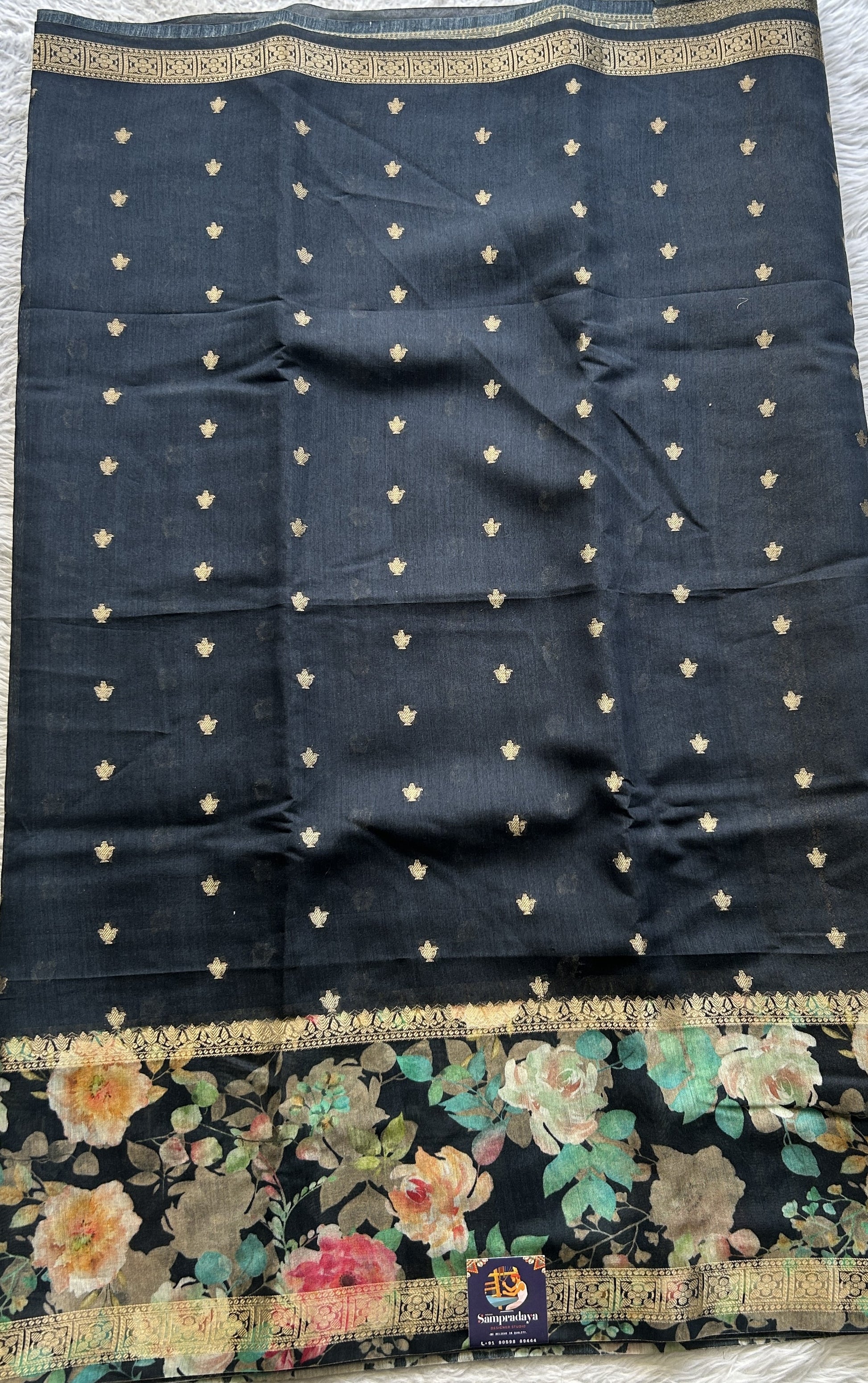 Pure Moonga Tussar Silk Saree Black Color Complemented with a Digital Print Border. - Sampradaya Designer Studio