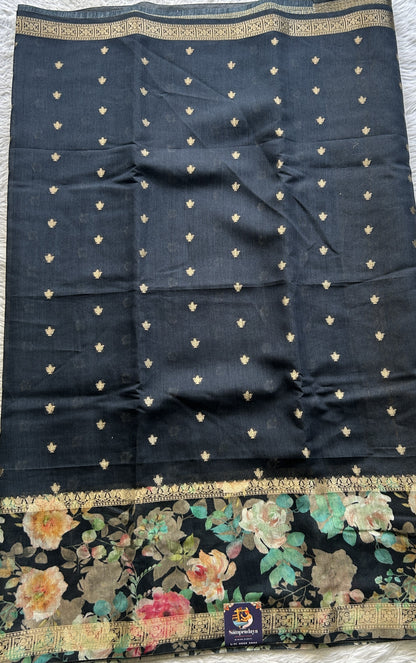 Pure Moonga Tussar Silk Saree Black Color Complemented with a Digital Print Border. - Sampradaya Designer Studio