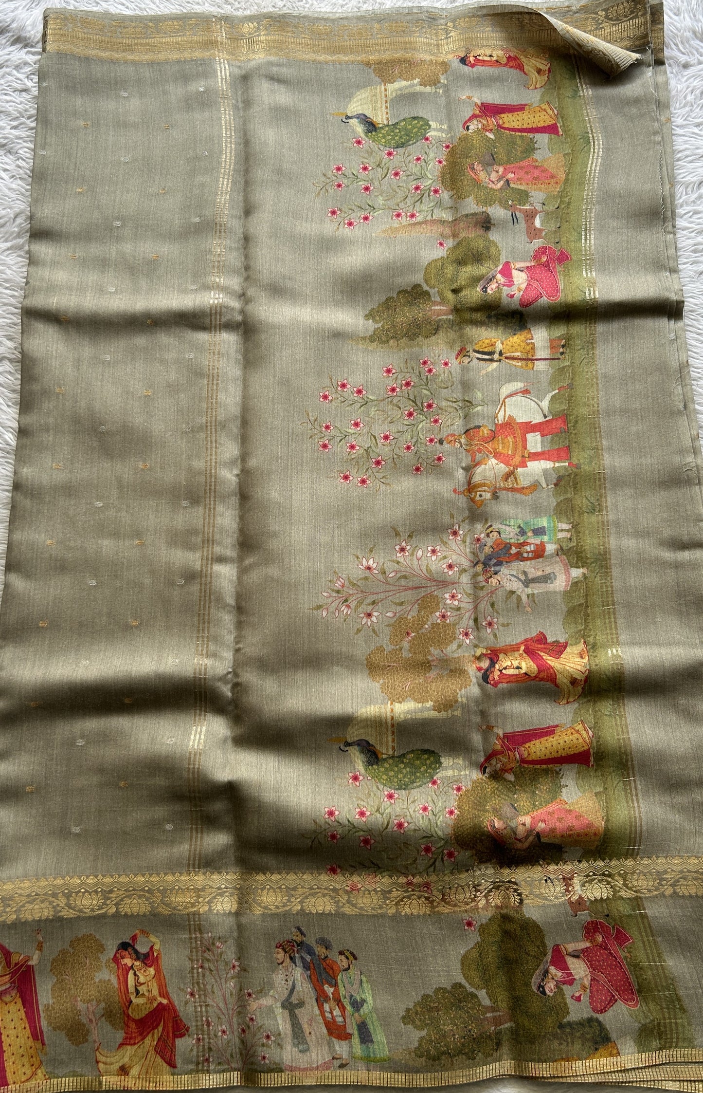 Pure Moonga Tussar Silk Saree Ash Color Complemented with a Digital Print Border. - Sampradaya Designer Studio