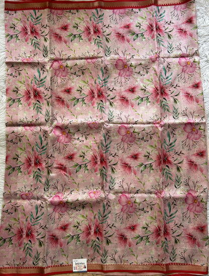 Mangalagiri Pattu Digital Print Saree Baby Pink colored complemented with a Red Zari Border - Sampradaya Designer Studio