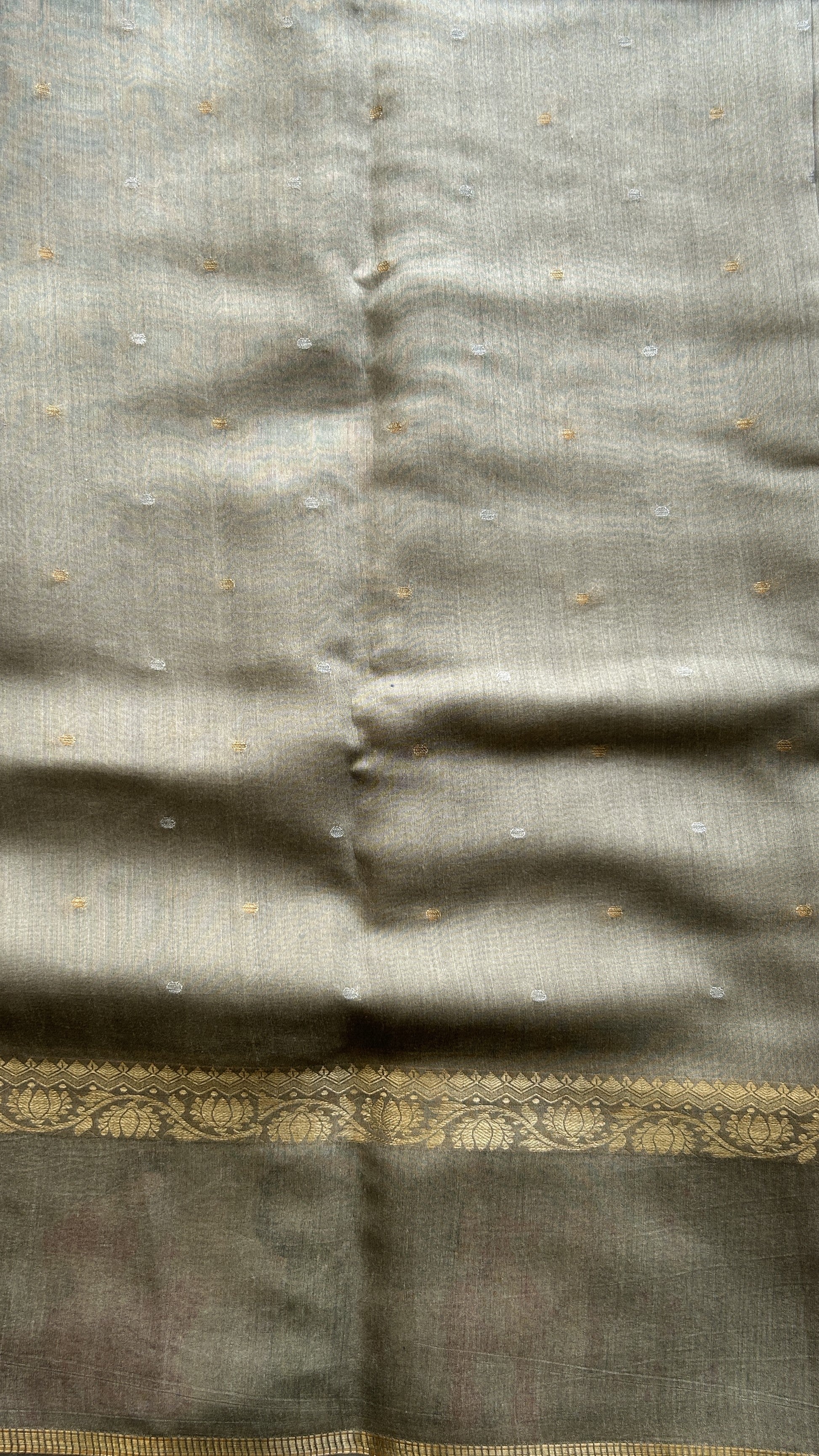 Pure Moonga Tussar Silk Saree Ash Color Complemented with a Digital Print Border. - Sampradaya Designer Studio