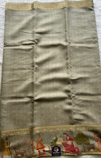 Pure Moonga Tussar Silk Saree Ash Color Complemented with a Digital Print Border. - Sampradaya Designer Studio
