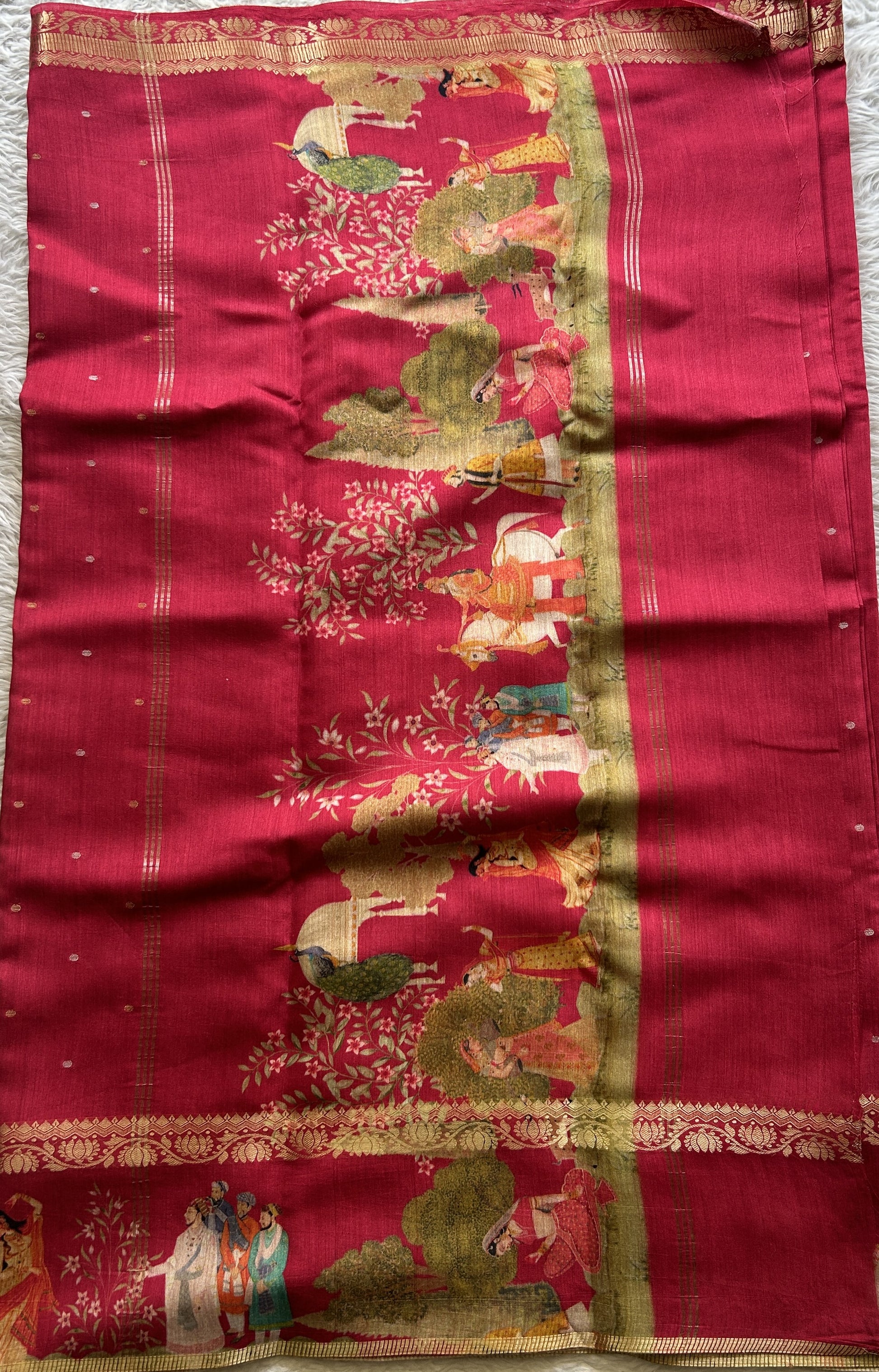 Pure Moonga Tussar Silk Saree Hot Pink Color Complemented with a Digital Print Border. - Sampradaya Designer Studio