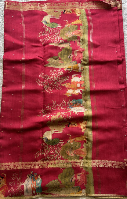 Pure Moonga Tussar Silk Saree Hot Pink Color Complemented with a Digital Print Border. - Sampradaya Designer Studio