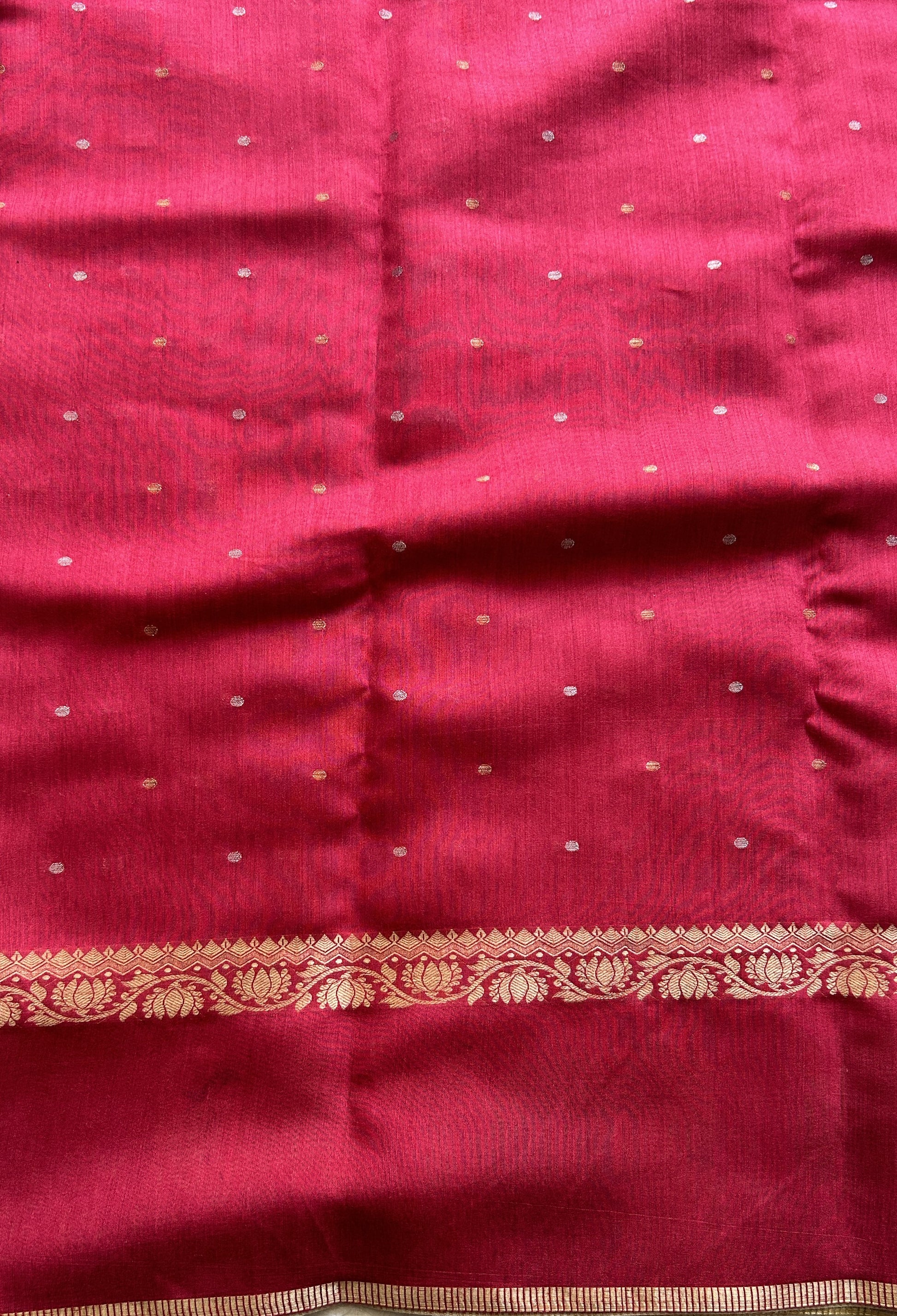 Pure Moonga Tussar Silk Saree Hot Pink Color Complemented with a Digital Print Border. - Sampradaya Designer Studio