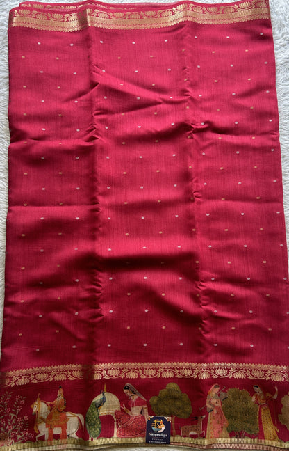 Pure Moonga Tussar Silk Saree Hot Pink Color Complemented with a Digital Print Border. - Sampradaya Designer Studio