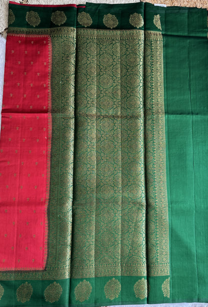 Pure Chiniya Silk Saree Red Colored Elegantly Paired with a Gold Zari Border.