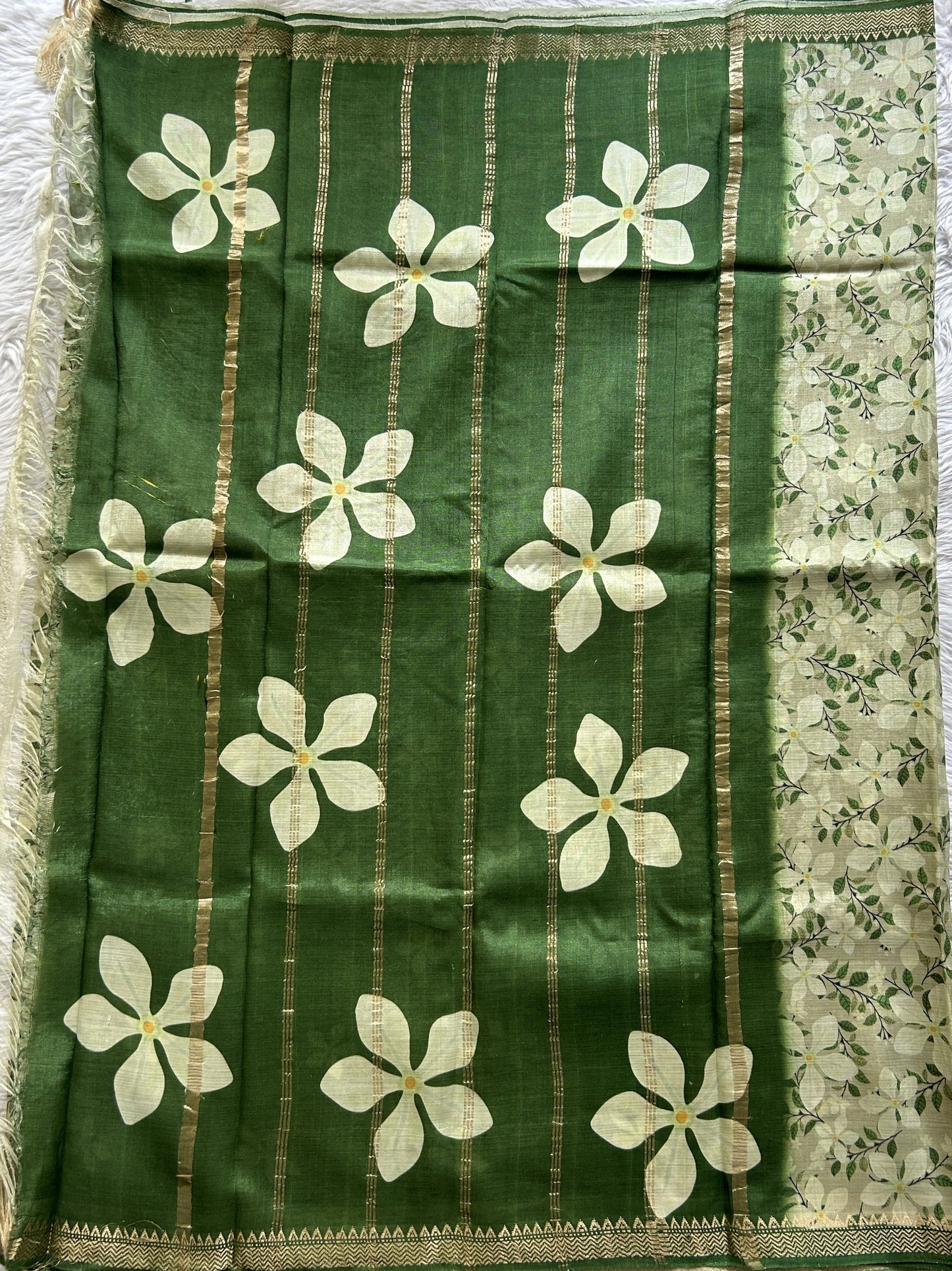 Mangalagiri Pattu Digital Print Saree Light Olive Green colored complemented with a Green Zari Border - Sampradaya Designer Studio