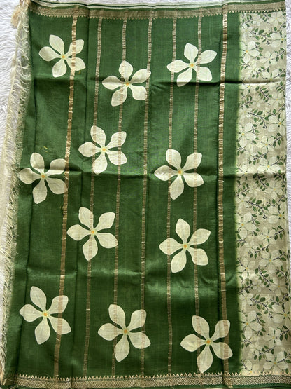Mangalagiri Pattu Digital Print Saree Light Olive Green colored complemented with a Green Zari Border - Sampradaya Designer Studio