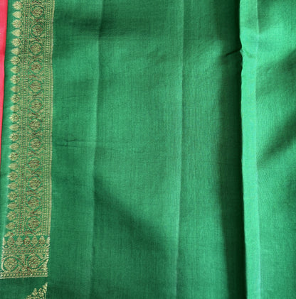 Pure Chiniya Silk Saree Red Colored Elegantly Paired with a Gold Zari Border.