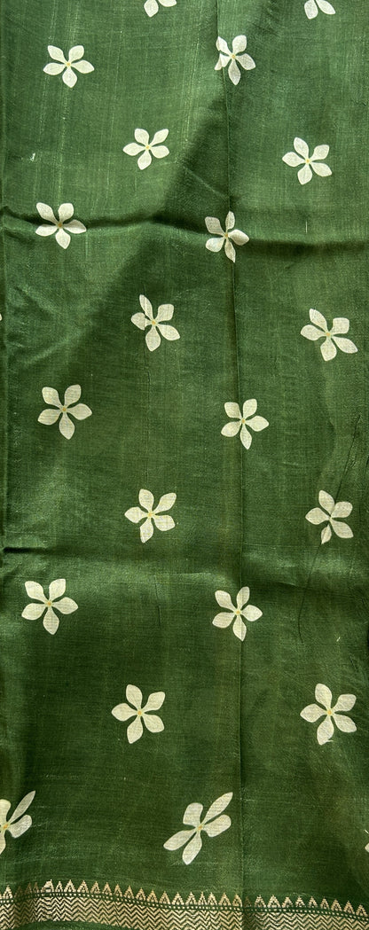 Mangalagiri Pattu Digital Print Saree Light Olive Green colored complemented with a Green Zari Border - Sampradaya Designer Studio