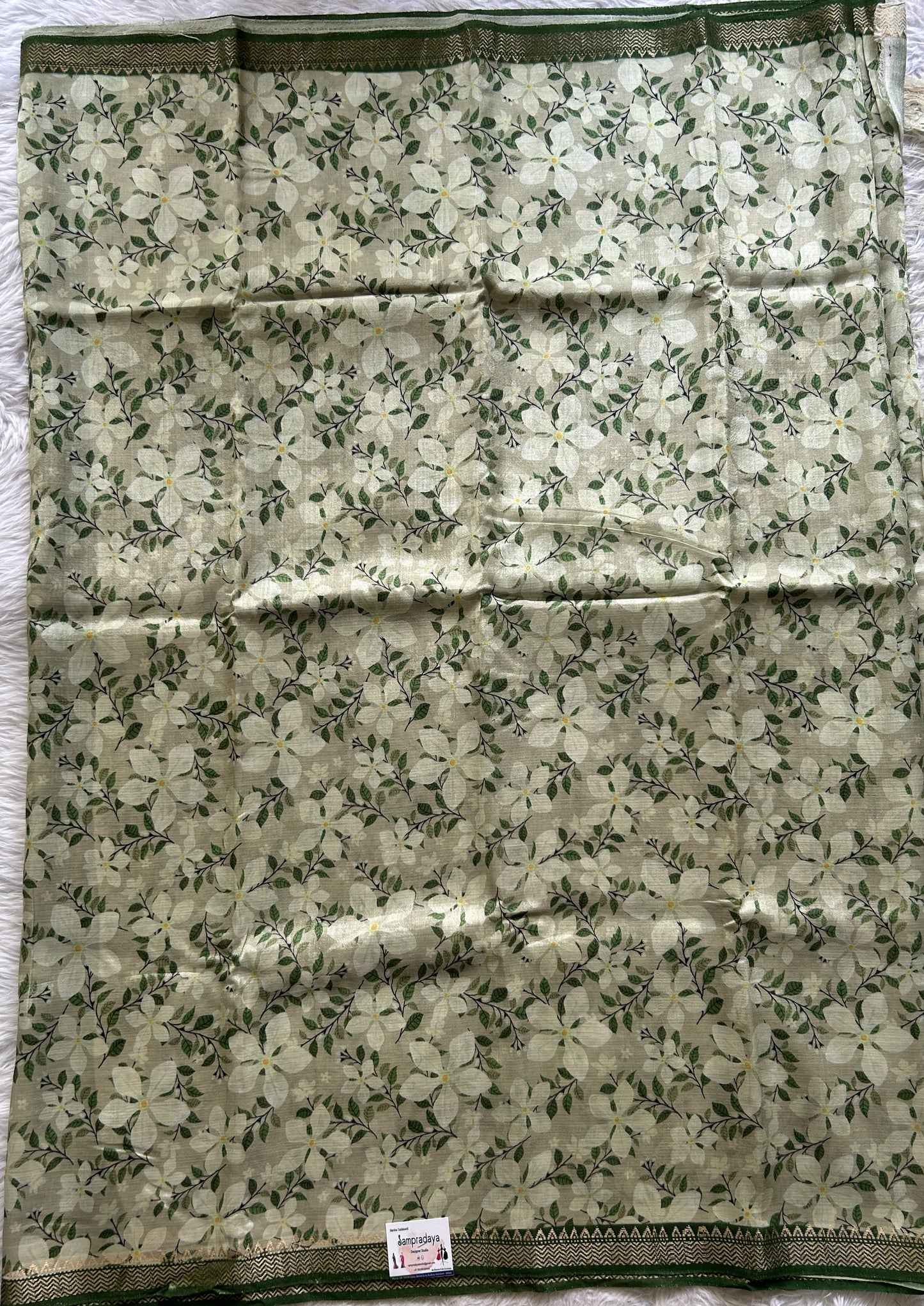 Mangalagiri Pattu Digital Print Saree Light Olive Green colored complemented with a Green Zari Border - Sampradaya Designer Studio