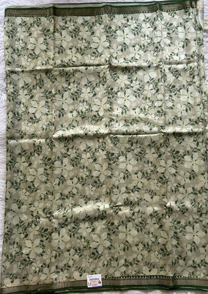 Mangalagiri Pattu Digital Print Saree Light Olive Green colored complemented with a Green Zari Border - Sampradaya Designer Studio