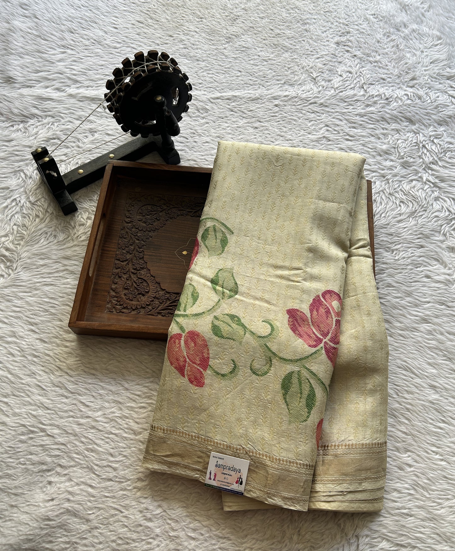Pure Tussar Silk Saree Cream Color Complemented with a Zari Border. - Sampradaya Designer Studio