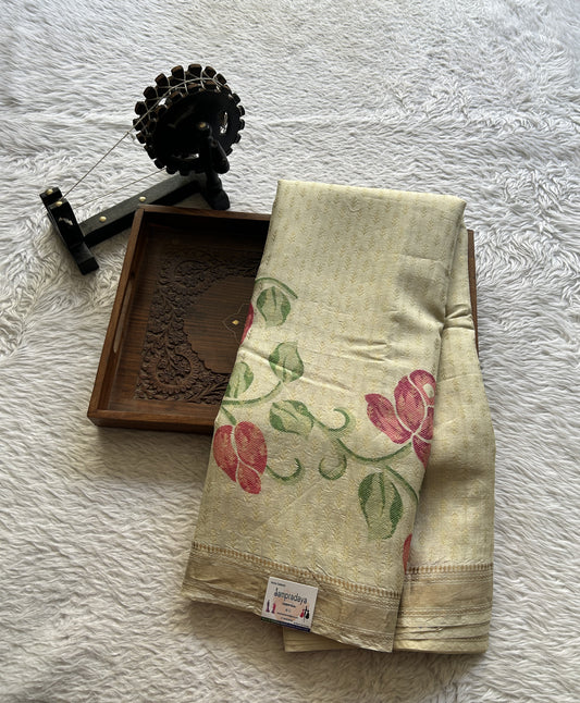Pure Tussar Silk Saree Cream Color Complemented with a Zari Border. - Sampradaya Designer Studio