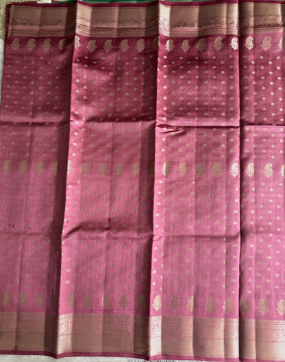 Pure Chiniya Silk Saree Baby Pink Colored Elegantly Paired with a Gold Zari Border.