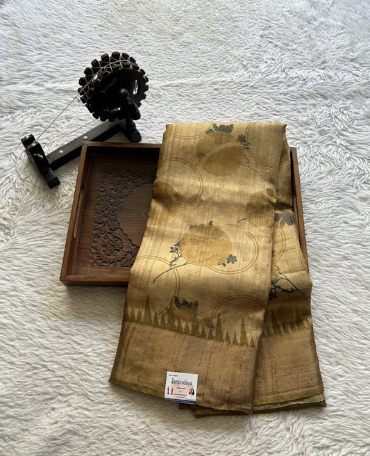 Pure Tussar Silk Saree Light Brown Color Complemented with a Zari Border. - Sampradaya Designer Studio