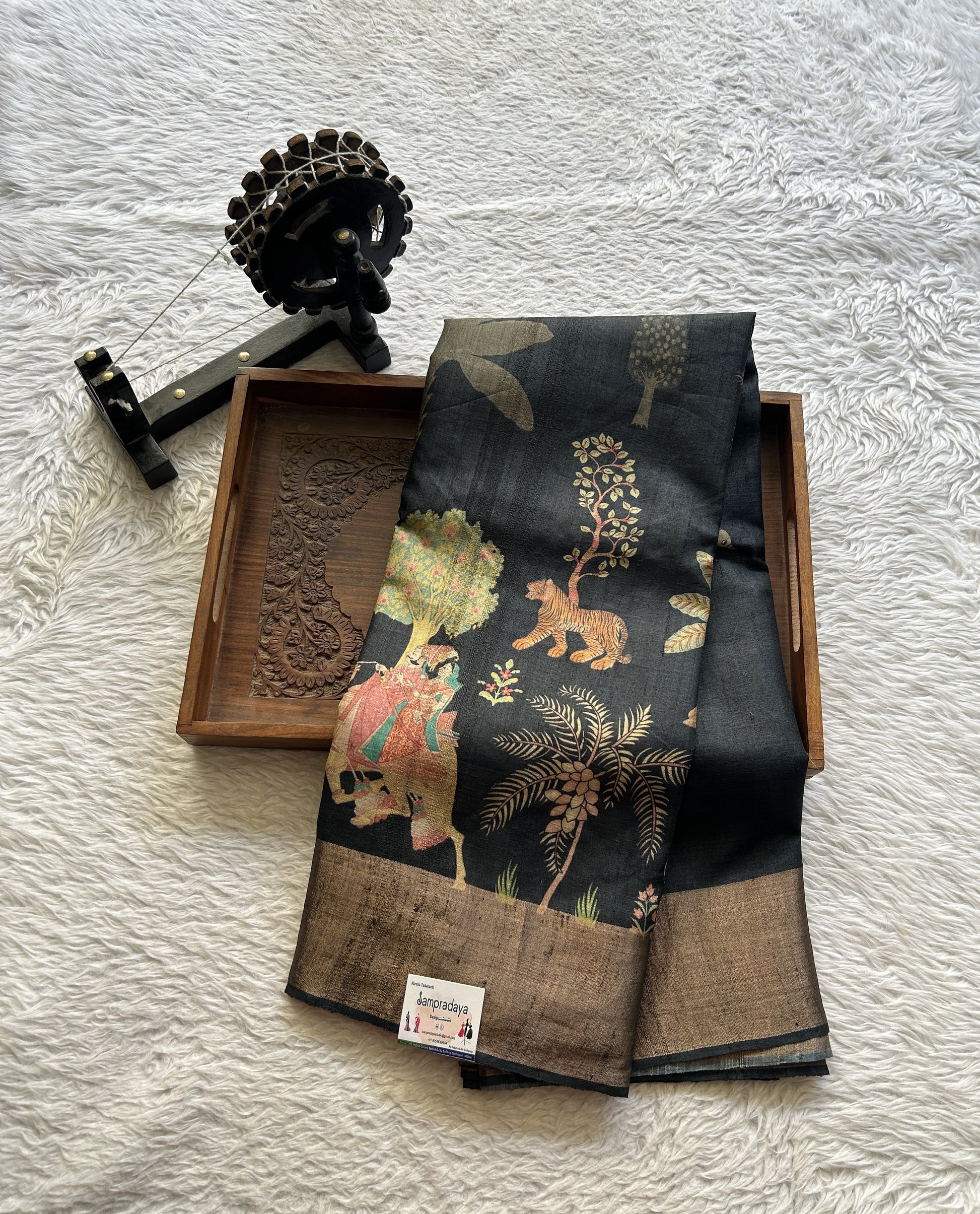 Pure Tussar Silk Saree Charcoal Color Complemented with a Zari Border. - Sampradaya Designer Studio