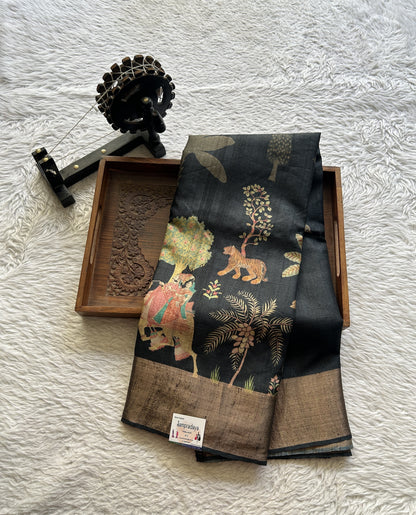 Pure Tussar Silk Saree Charcoal Color Complemented with a Zari Border. - Sampradaya Designer Studio