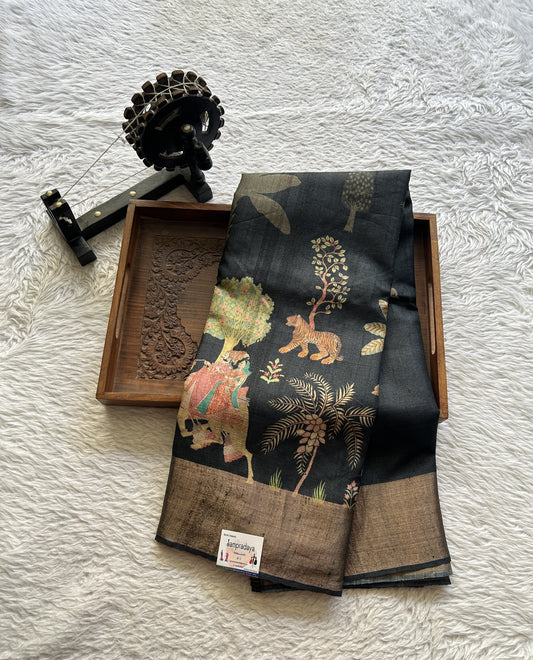 Pure Tussar Silk Saree Charcoal Color Complemented with a Zari Border. - Sampradaya Designer Studio