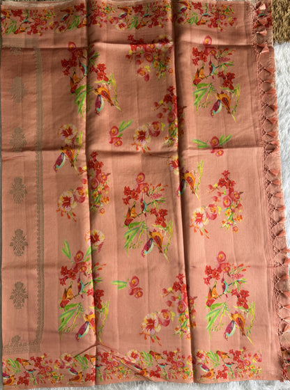 Pure Chiniya Silk Saree Peach Colored Elegantly Paired with a Gold Zari Border.