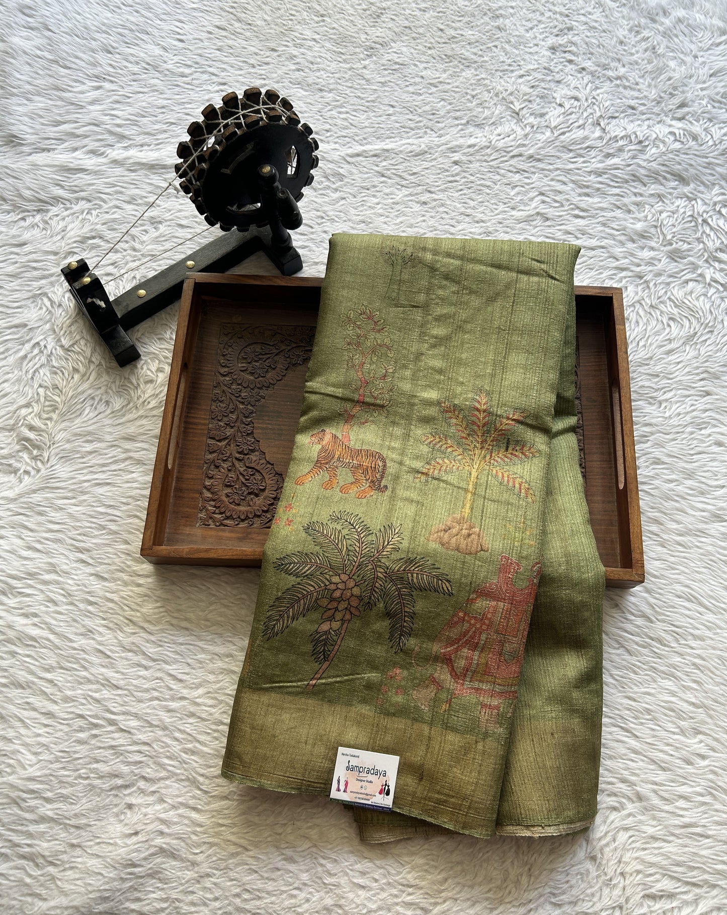 Pure Tussar Silk Saree Olive Green Color Complemented with a Zari Border. - Sampradaya Designer Studio