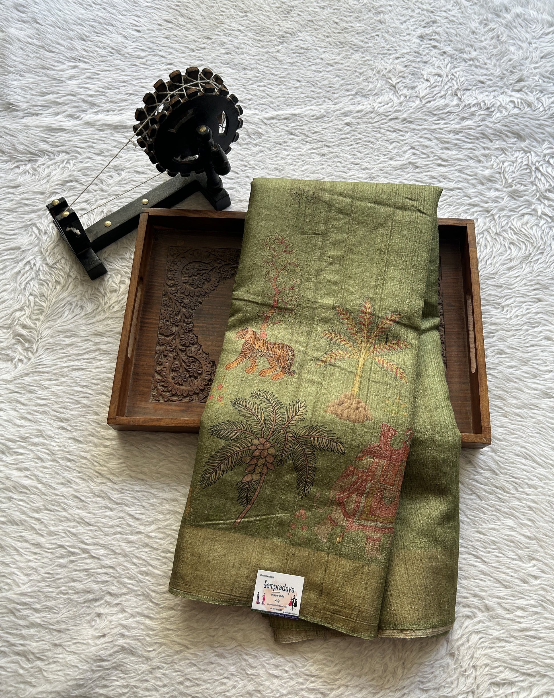 Pure Tussar Silk Saree Olive Green Color Complemented with a Zari Border. - Sampradaya Designer Studio