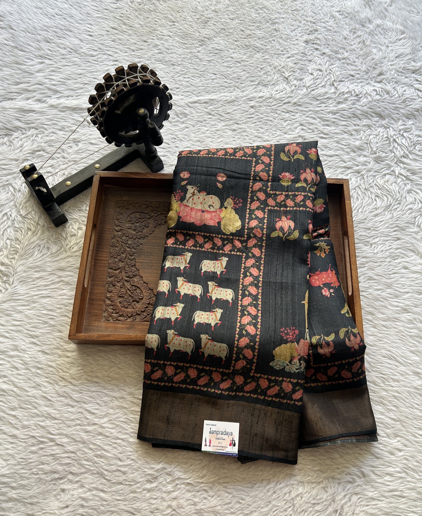 Pure Tussar Silk Saree Black Color Complemented with a Zari Border. - Sampradaya Designer Studio