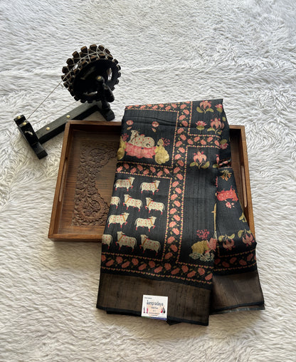 Pure Tussar Silk Saree Black Color Complemented with a Zari Border. - Sampradaya Designer Studio